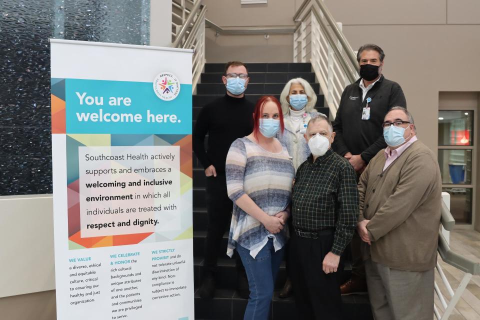 Members of Southcoast Health's Patient Family Advisory Council are seen with the Pride Southcoast Employee Resource Group. Pictured in the back row are: Jacob Miller, left, Barb Schmidt, Chuck Cusson; front row: Sydney Preston, left, Michel Jodoin and Den Demarinis..