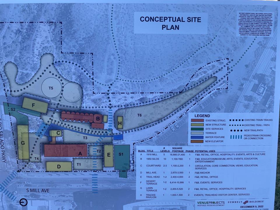 A conceptual site plan shows some of the proposed uses for the five-acre site, which includes adding public space, like outdoor terraces and a desert park, and commercial buildings like restaurants.