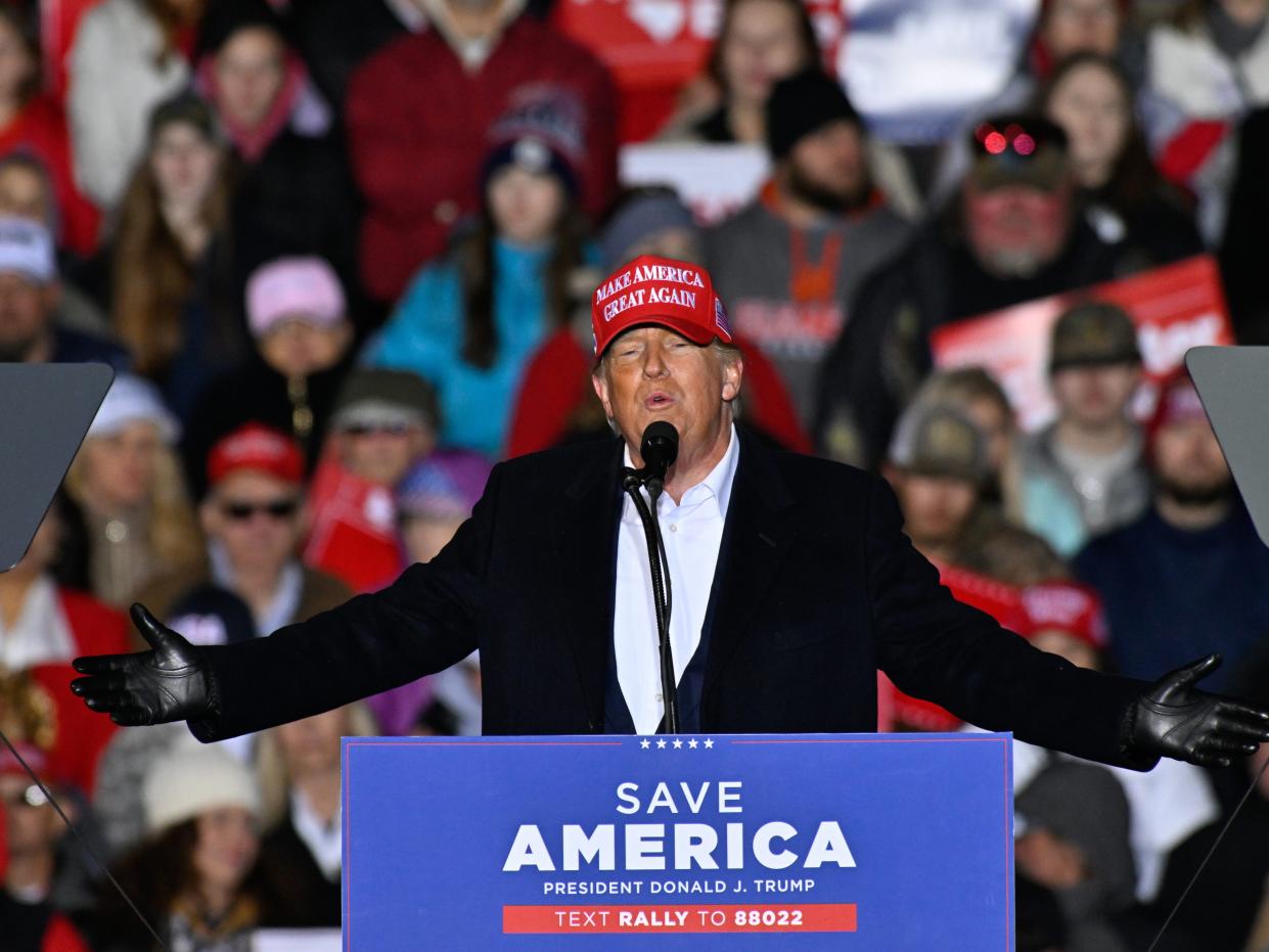 Former US President Donald Trump addresses the crowd during a rally sponsored by Save America with Governor Henry McMaster and candidates Russell Fry along with Katie Arrington in Florence, SC, United States on March, 12, 2022.