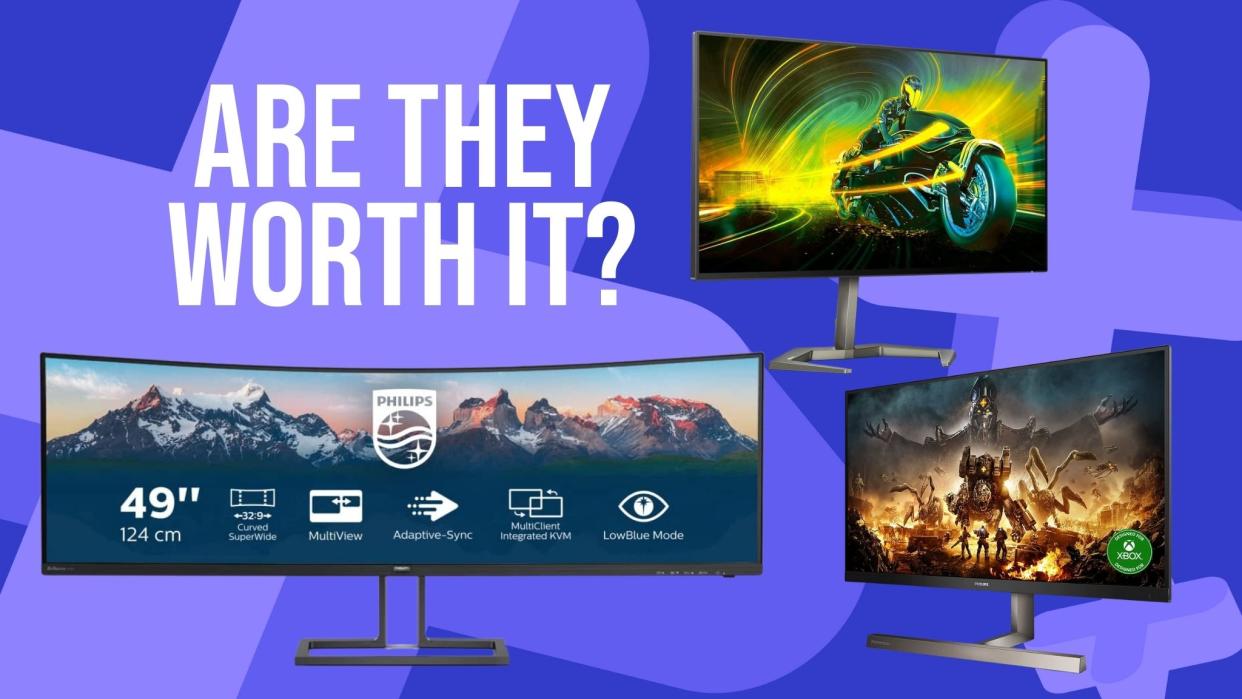  Multiple philips gaming monitors on a blue gamesradar background, with text that reads "are they worth it?" 