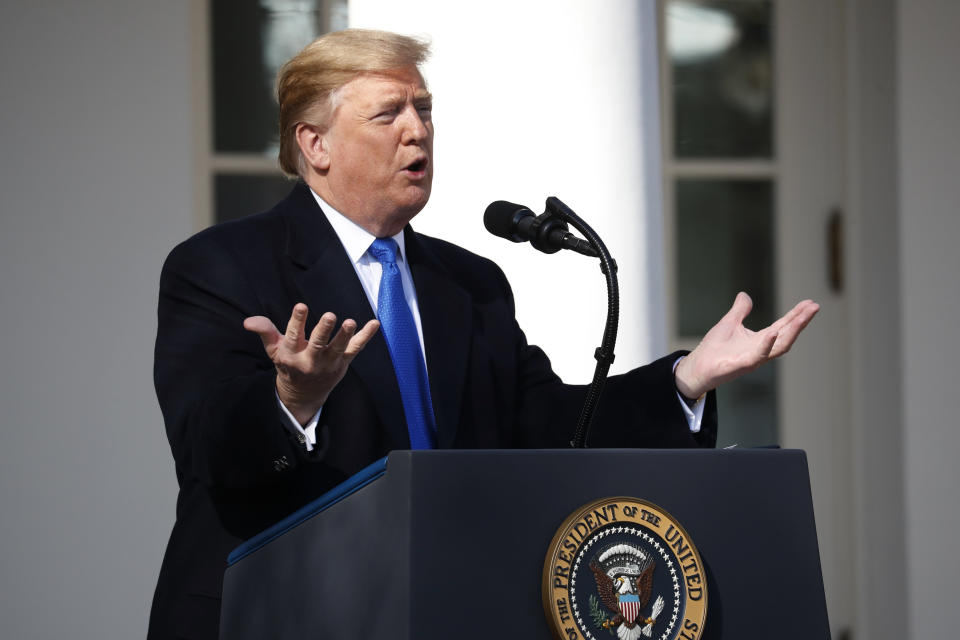 President Donald Trump speaks during an event in the Rose Garden at the White House to declare a national emergency in order to build a wall along the southern border, Friday, Feb. 15, 2019 in Washington. (Photo: Pablo Martinez Monsivais/AP) 