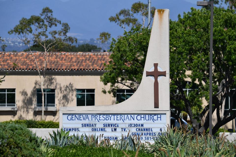 A view of the Geneva Presbyterian Church after one person was killed and five injured during a shooting  at the church in Laguna Woods, California, on Sunday