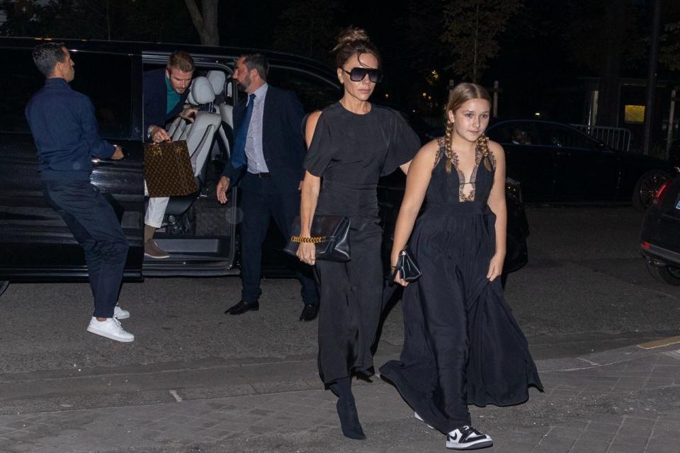 PARIS, FRANCE - SEPTEMBER 30: David Beckham, Victoria Beckham and daughter Harper Beckham are seen on September 30, 2022 in Paris, France. (Photo by Marc Piasecki/GC Images)