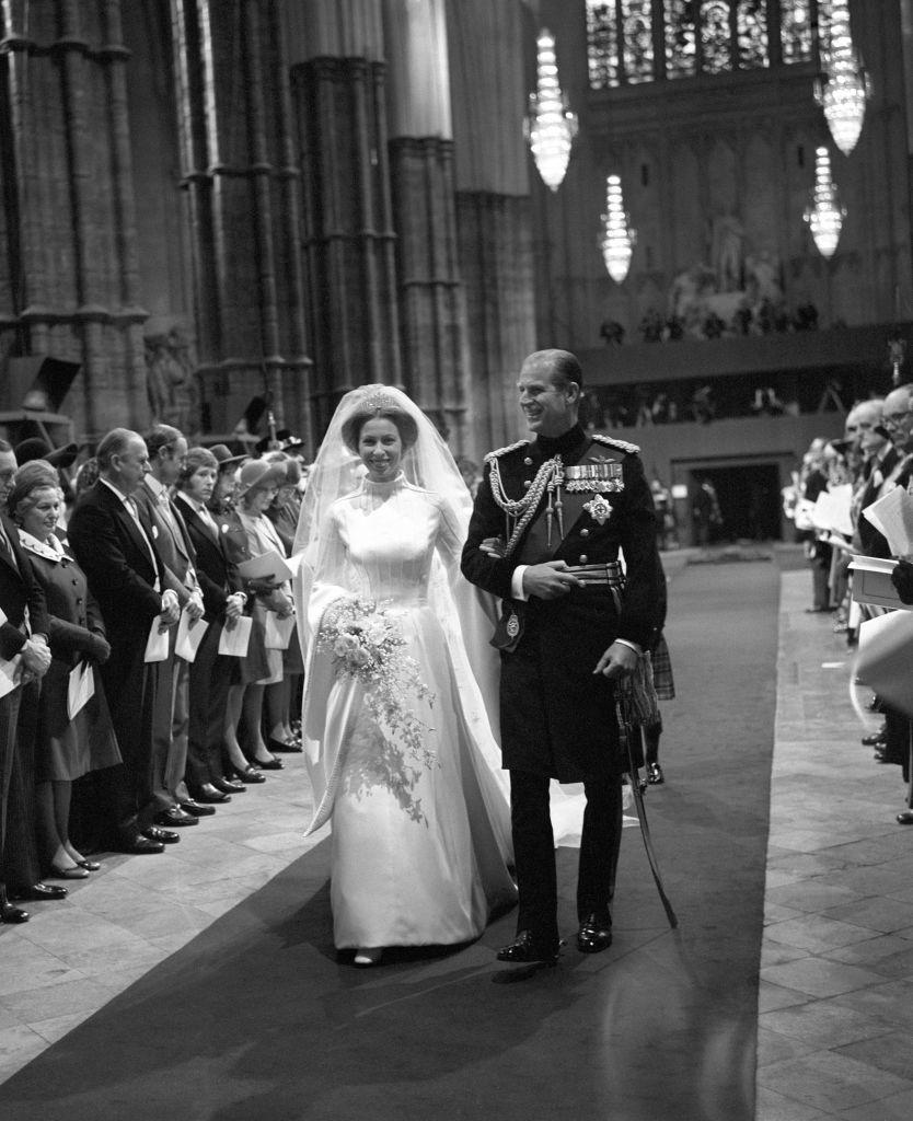 Prince Philip escorts his daughter Princess Anne, down the aisle of Westminster Abbey during her wedding to Captain Mark Phillips.   (Photo by PA Images via Getty Images)