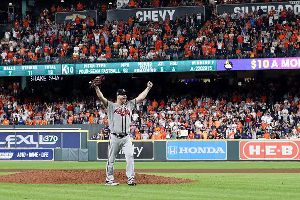 HOUSTON, TEXAS - NOVEMBER 02:  Will Smith #51 of the Atlanta Braves celebrates after closing out the team's 7-0 win against the Houston Astros in Game Six to win the 2021 World Series at Minute Maid Park on November 02, 2021 in Houston, Texas. (Photo by Carmen Mandato/Getty Images)