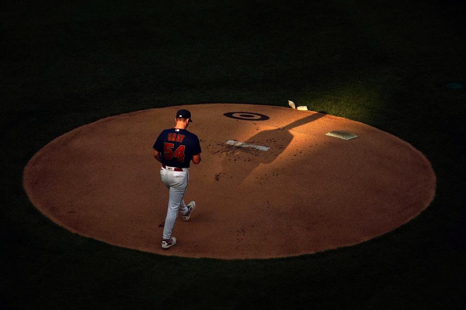 Minnesota Twins starting pitcher Sonny Gray takes the mound before a baseball game against the Texas Rangers, Monday, Aug. 22, 2022, in Minneapolis. (AP Photo/Abbie Parr)