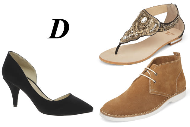 <b>Dianetten, Desert Boots & D’Orsay-Pumps </b><br><br> Der Schuh mit dem klangvollen Namen „Dianette“ bezeichnet einfach nur eine Zehentrennersandale, einen Flip Flop. Desert Boots sind knöchelhohe Stiefeletten mit auffälligen Nähten und Zwei- oder Dreilochschnürung. Modell drei meint Pumps mit Cutouts an den Seiten.