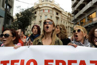 <p>Protesters chant slogans during a nationwide general strike in central Athens Wednesday, May 17, 2017. Greek workers walked off the job across the country Wednesday for an anti-austerity general strike that was disrupting public and private sector services across the country. (AP Photo/Thanassis Stavrakis) </p>