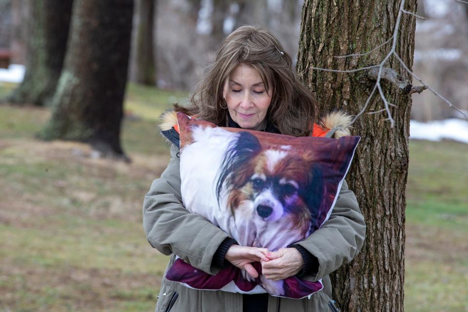 Rhonda Bomwell of Somerset holds a pillow with an image of her 9-year-old Papillon, Pierre, who she says passed away due to the side effects of wearing a popular flea and tick collar for pets.