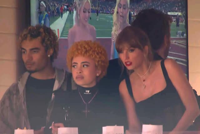 <p>CBS</p> RiotUSA, Ice Spice and Taylor Swift at the Super Bowl in Las Vegas on Feb. 11, 2024