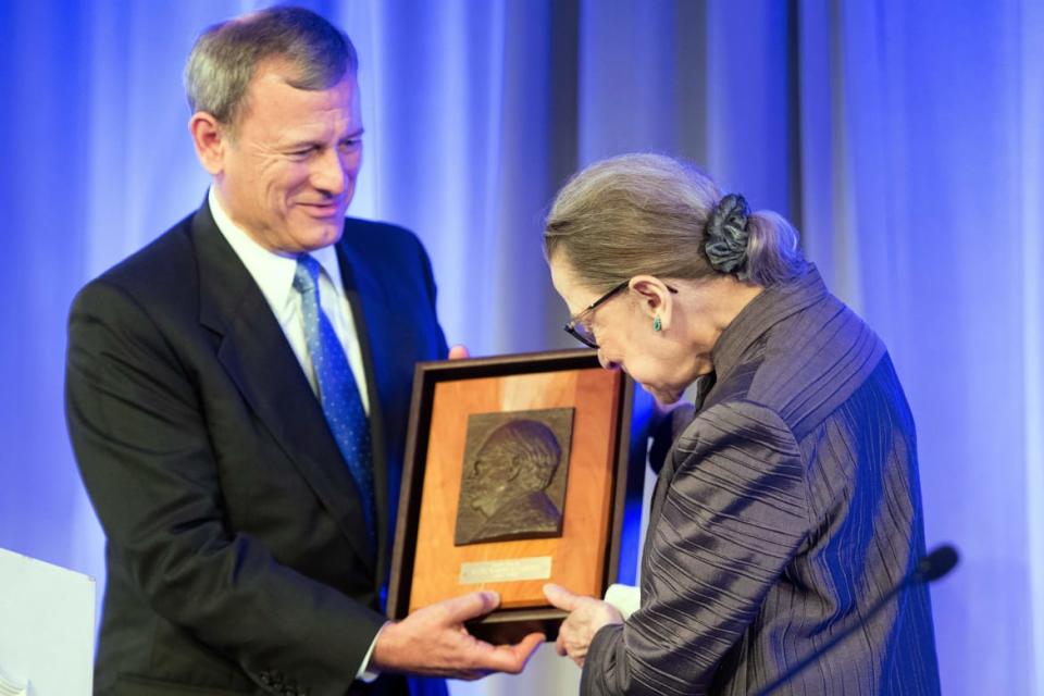 <div class="inline-image__caption"><p>U.S. Supreme Court Justice Ruth Bader Ginsburg receives the American Law Institute's Henry J. Friendly Medal from U.S. Supreme Court Chief Justice John Roberts in Washington, DC, on May 21, 2018. Ginsburg was even close to justices who were her ideological opposites, including the late Antonin Scalia. </p></div> <div class="inline-image__credit">JIM WATSON/Getty</div>
