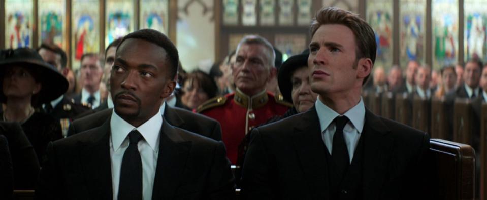 Anthony Mackie as Sam Wilson and Chris Evans as Steve Rogers in "Captain America: Civil War."
