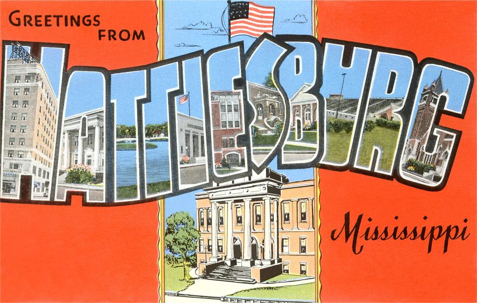 Vintage large letter illustrated postcard 'Greetings from Hattiesburg, Mississippi.' showing the Forest County Courthouse, and the Main Street United Methodist Church.