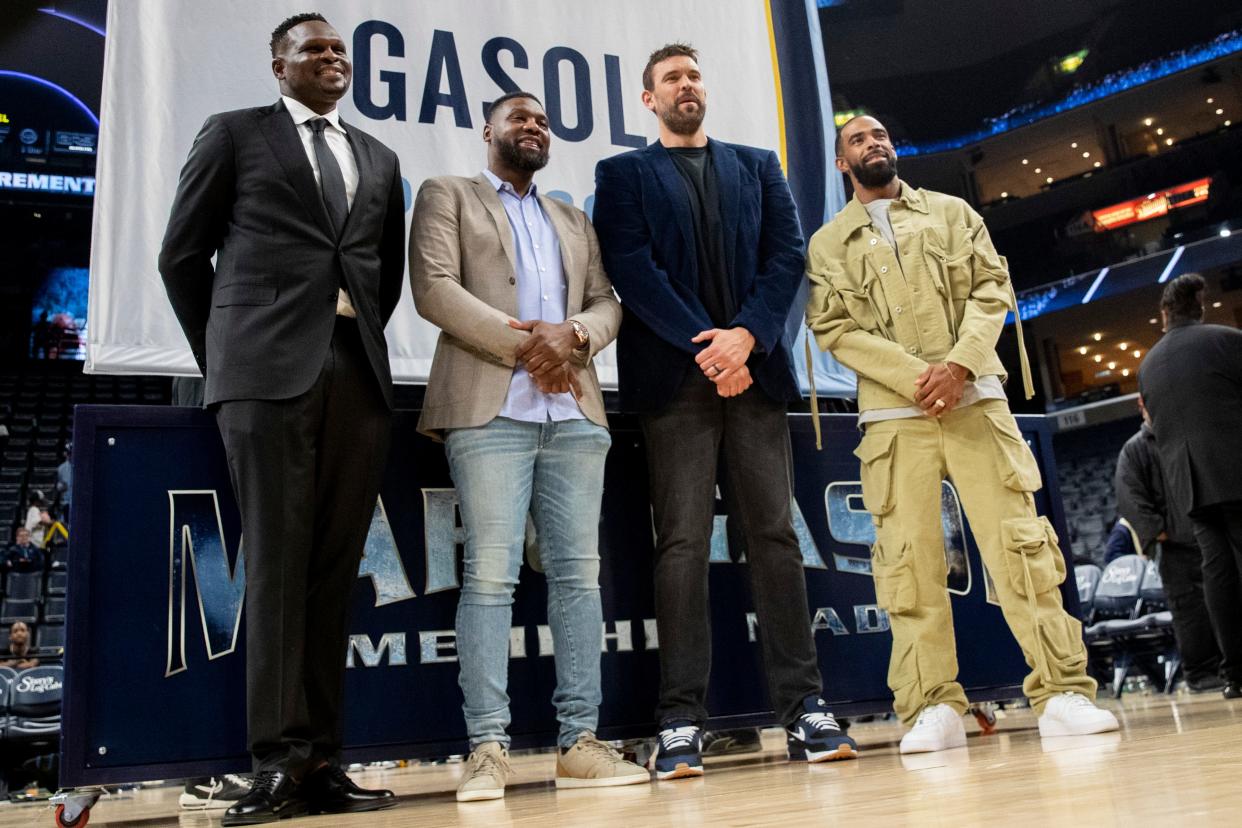 Former Grizzlies players Zach Randolph, Tony Allen, Marc Gasol and Mike Conley, known as the “Core Four,” pose for a photo after the jersey retirement ceremony for Gasol at FedExForum in Memphis, Tenn., on Saturday, April 6, 2024.