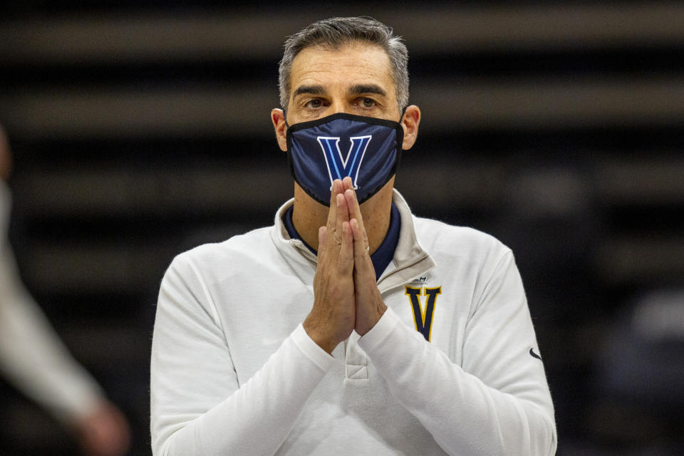 Villanova coach Jay Wright gestures before the team's NCAA college basketball game against Creighton, Wednesday, March 3, 2021, in Villanova, Pa. (AP Photo/Laurence Kesterson)