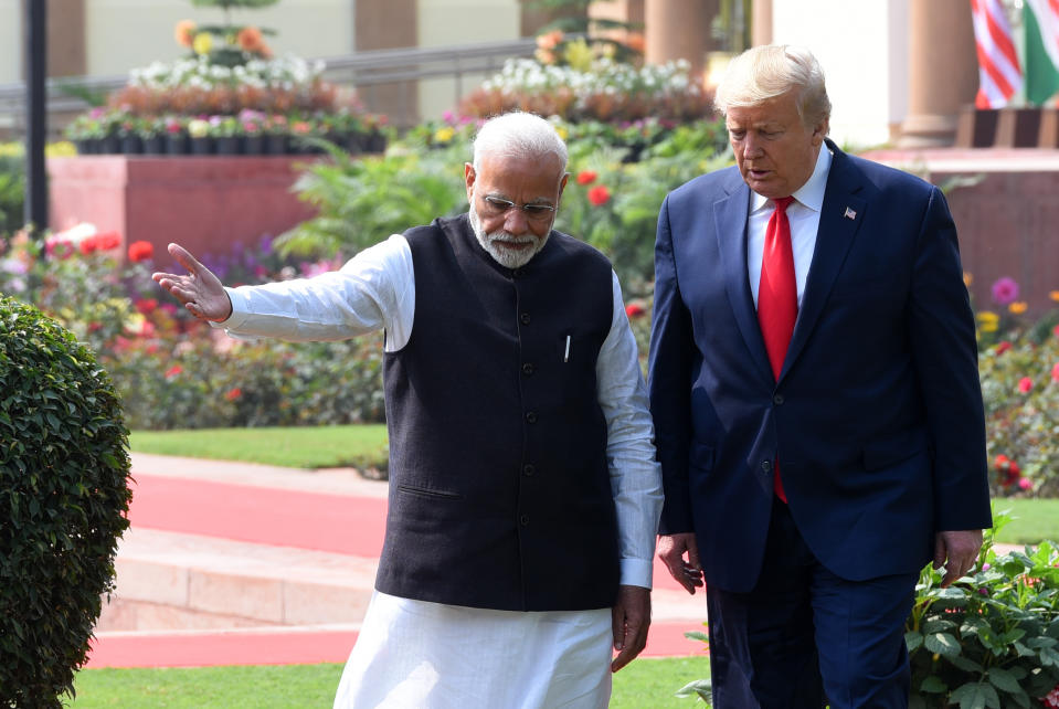 NEW DELHI, INDIA - FEBRUARY 25: Prime Minister Narendra Modi and US President Donald Trump arrive to address a joint statement, at Hyderabad House, on February 25, 2020 in New Delhi, India. (Photo by Mohd Zakir/Hindustan Times via Getty Images)