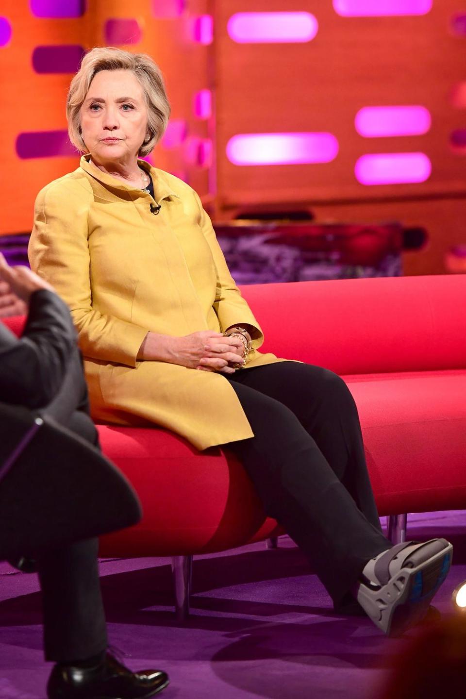 Injured: Hillary Clinton during filming of the Graham Norton Show (PA)