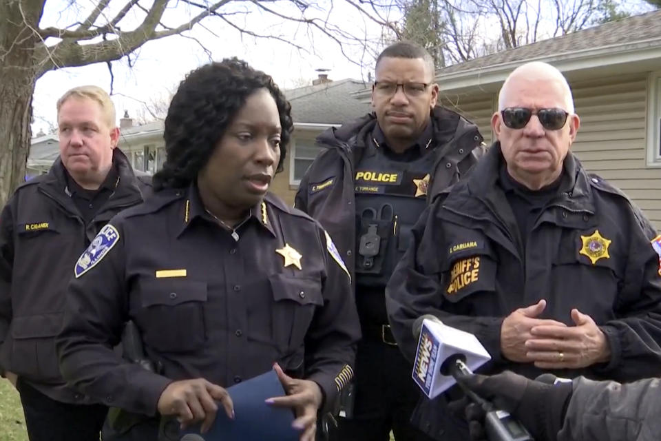 In this image taken from video provided by WTVO-TV/WQRF-TV/NewsNation. Rockford Police Chief Carla Redd speaks with the media, Wednesday, March 27, 2024, in Rockford, Ill. Authorities say four people were killed and five were wounded in stabbings in northern Illinois. Redd said that a suspect is in police custody and was being questioned. She said police did not know the motive. (WTVO-TV/WQRF-TV/NewsNation via AP)