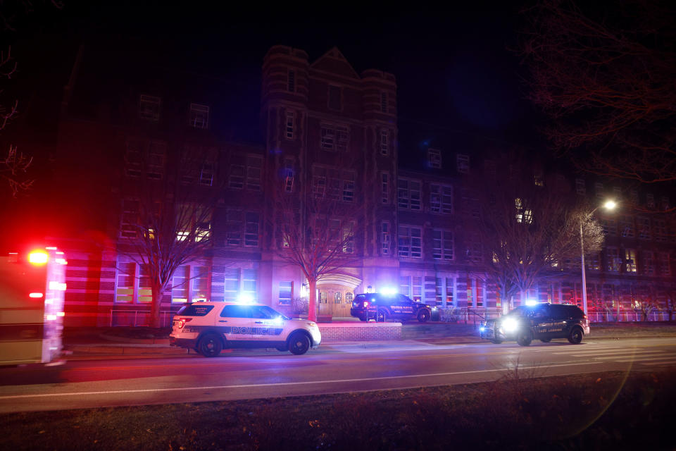 First responders stage outside Berkey Hall following shootings on the campus of Michigan State University, Monday, Feb. 13, 2023, in East Lansing, Mich. (AP Photo/Al Goldis)