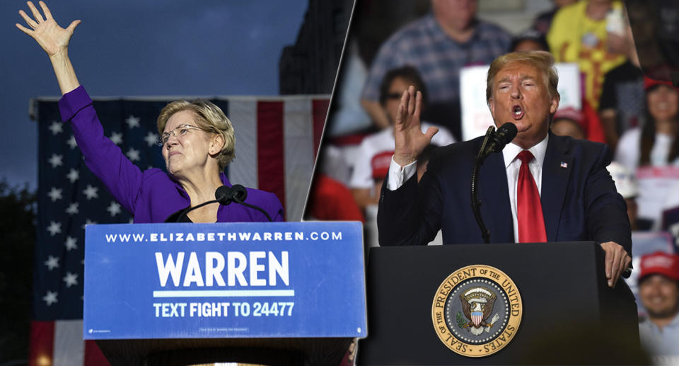 Sen. Elizabeth Warren in Washington Square Park in New York City and Pres. Donald Trump in Rio Rancho, New Mexico, on September 16, 2019.  (Photos:  Drew Angerer/Getty Images, Nicholas Kamm/AFP/Getty Images)