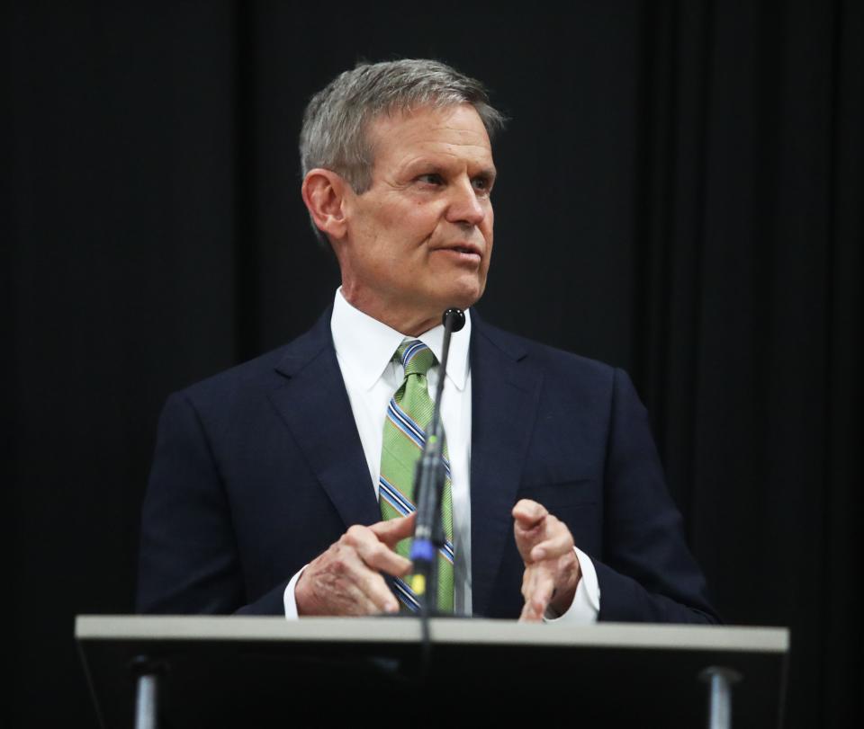 Tennessee Governor Bill Lee speaks at the Georgette & Cato Johnson YMCA ribbon cutting ceremony on March 1, 2023 in the Whitehaven area of Memphis.