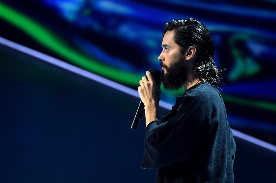 Jared Leto speaks onstage during the 2017 MTV Video Music Awards at The Forum on Aug. 27, 2017 in Inglewood, California.&nbsp;