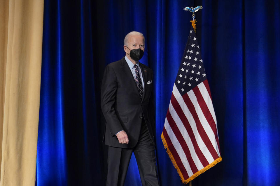 President Joe Biden arrives to speak at the Democratic National Committee's Winter Meeting, Thursday, March 10, 2022, in Washington. (AP Photo/Patrick Semansky)