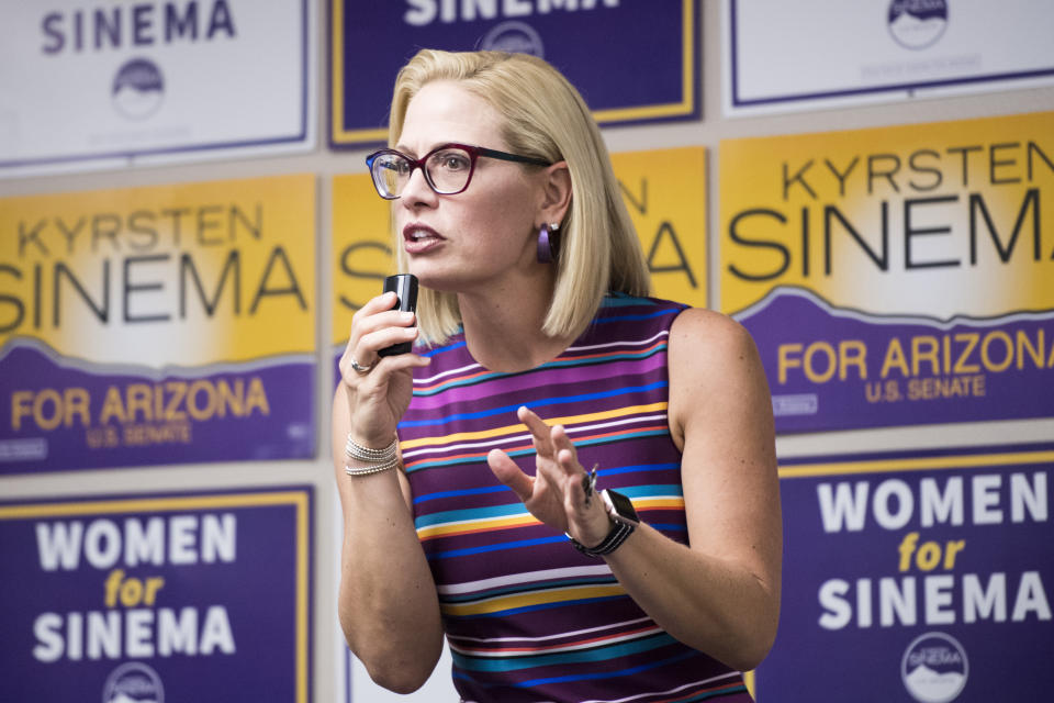 Sinema speaks to supporters at the United Food and Commercial Workers union in Phoenix on Oct. 21, 2018. (Photo: Bill Clark/CQ Roll Call/Getty Images)