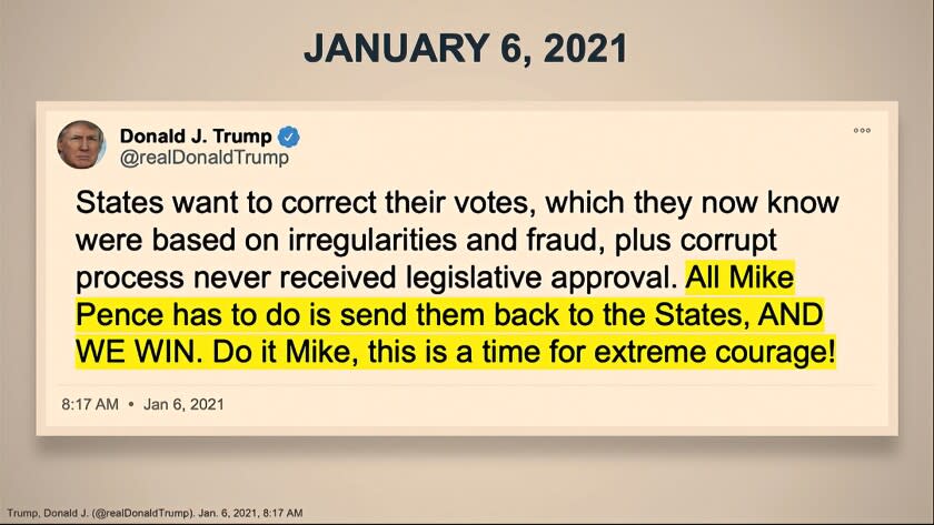 In this image from video, a Tweet is shown to senators as House impeachment manager Rep. Ted Lieu, D-Calif., speaks during the second impeachment trial of former President Donald Trump in the Senate at the U.S. Capitol in Washington, Wednesday, Feb. 10, 2021. (Senate Television via AP)