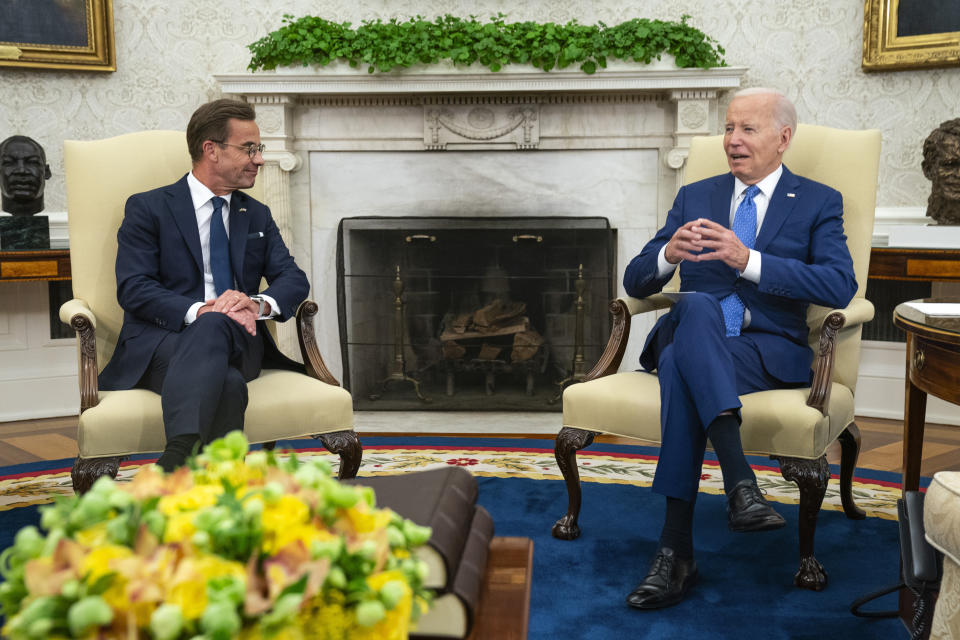 President Joe Biden meets with Swedish Prime Minister Ulf Kristersson in the Oval Office of the White House, Wednesday, July 5, 2023, in Washington. (AP Photo/Evan Vucci)