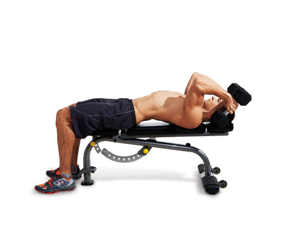 <p>Sit with knees bent and feet on the floor, holding dumbbells at your chest, to start. Slowly lower your upper body to the floor, then extend arms so dumbbells are in a bench press position. With a neutral hand grip, carefully lower the dumbbells to your forehead. Contract triceps to extend the elbows and return to the starting position. That's 1 rep. Note: Perform these with light weight to start and focus on keeping the elbows in line with shoulders. </p>
