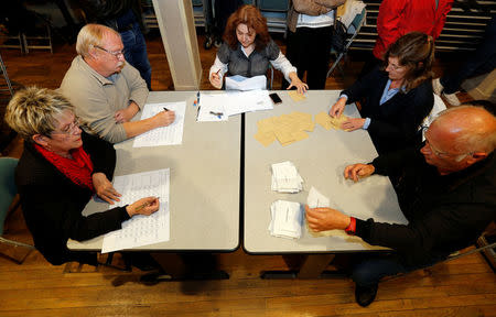 Ballots are counted by officials in the second round of the 2017 French presidential election at a polling station in Tulle, France, May 7, 2017. REUTERS/Regis Duvignau