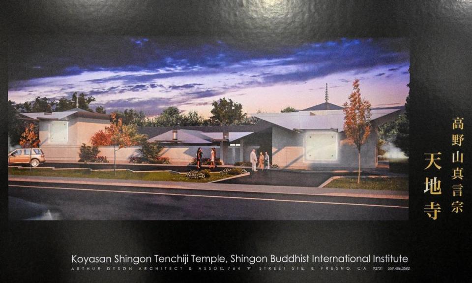 Una representación muestra el aspecto que iba a tener originalmente el edificio del Shingon Buddhist International Institute, situado en Nees Avenue, cerca de Millbrook, en el norte de Fresno.