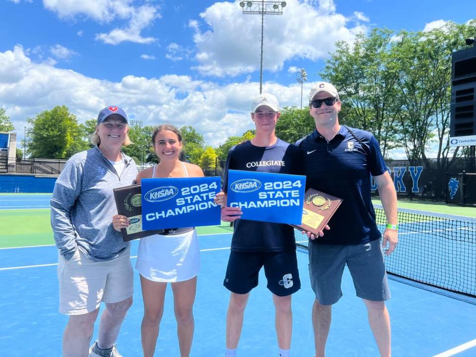 Sacred Heart’s Ellie Hammond and Louisville Collegiate’s Colby Berson, the 2024 KHSAA singles champions, pose with athletic directors Donna Moir and Paul Augustus.