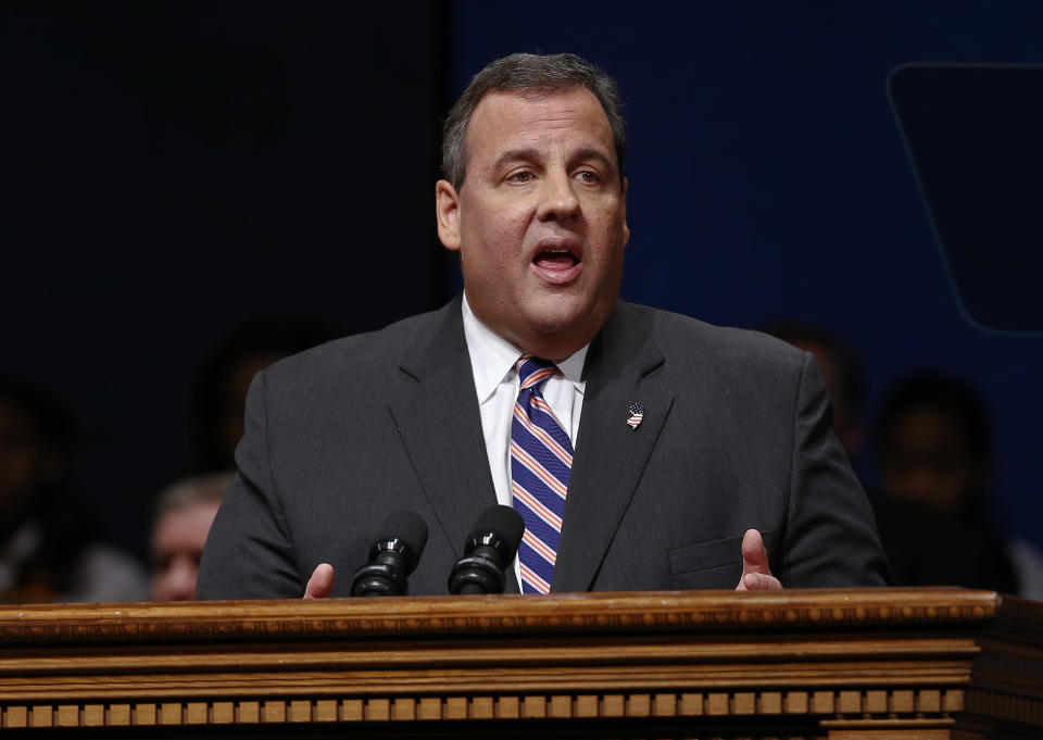 TRENTON, NJ - JANUARY 21:  New Jersey Gov. Chris Christie delivers his inaugural address after being sworn in for his second term on January 21, 2014 at the War Memorial in Trenton, New Jersey. Christie begins his second term amid controversy surrounding George Washington Bridge traffic and Hurricane Sandy relief distribution.  (Photo by Jeff Zelevansky/Getty Images)