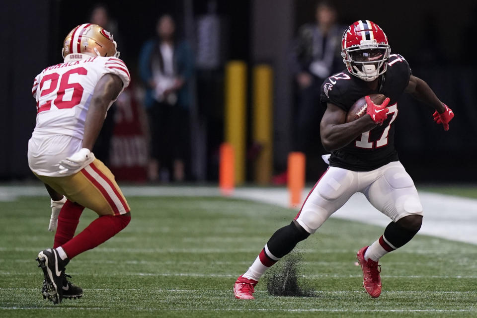 Atlanta Falcons wide receiver Olamide Zaccheaus (17) runs against San Francisco 49ers cornerback Samuel Womack III (26) during the second half of an NFL football game, Sunday, Oct. 16, 2022, in Atlanta. (AP Photo/Brynn Anderson)