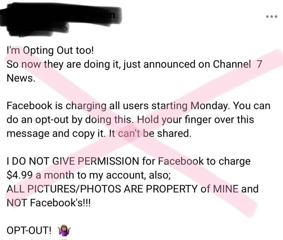 An example of the "Facebook will start charging" hoax.