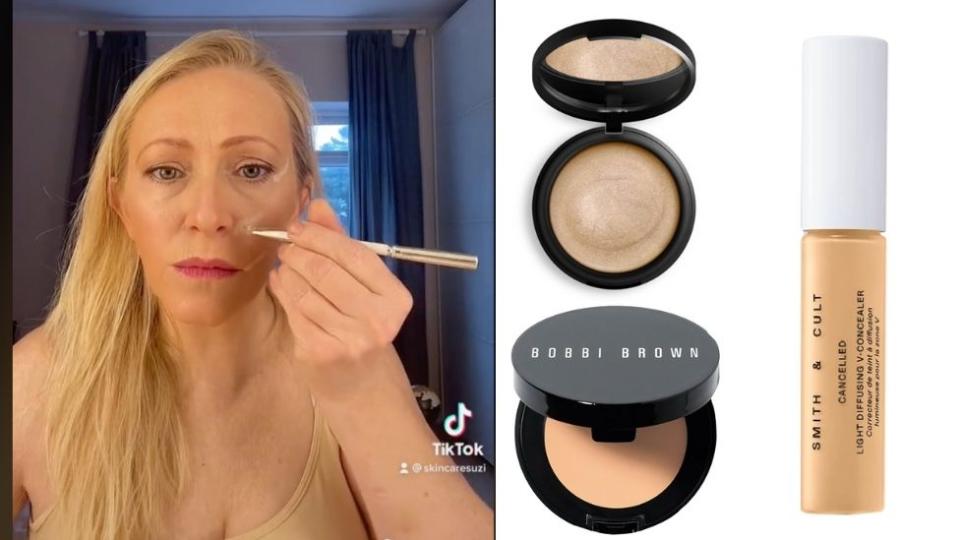 A woman with long blonde hair applies makeup at left, while powders and foundations or concealers are pictured at right.