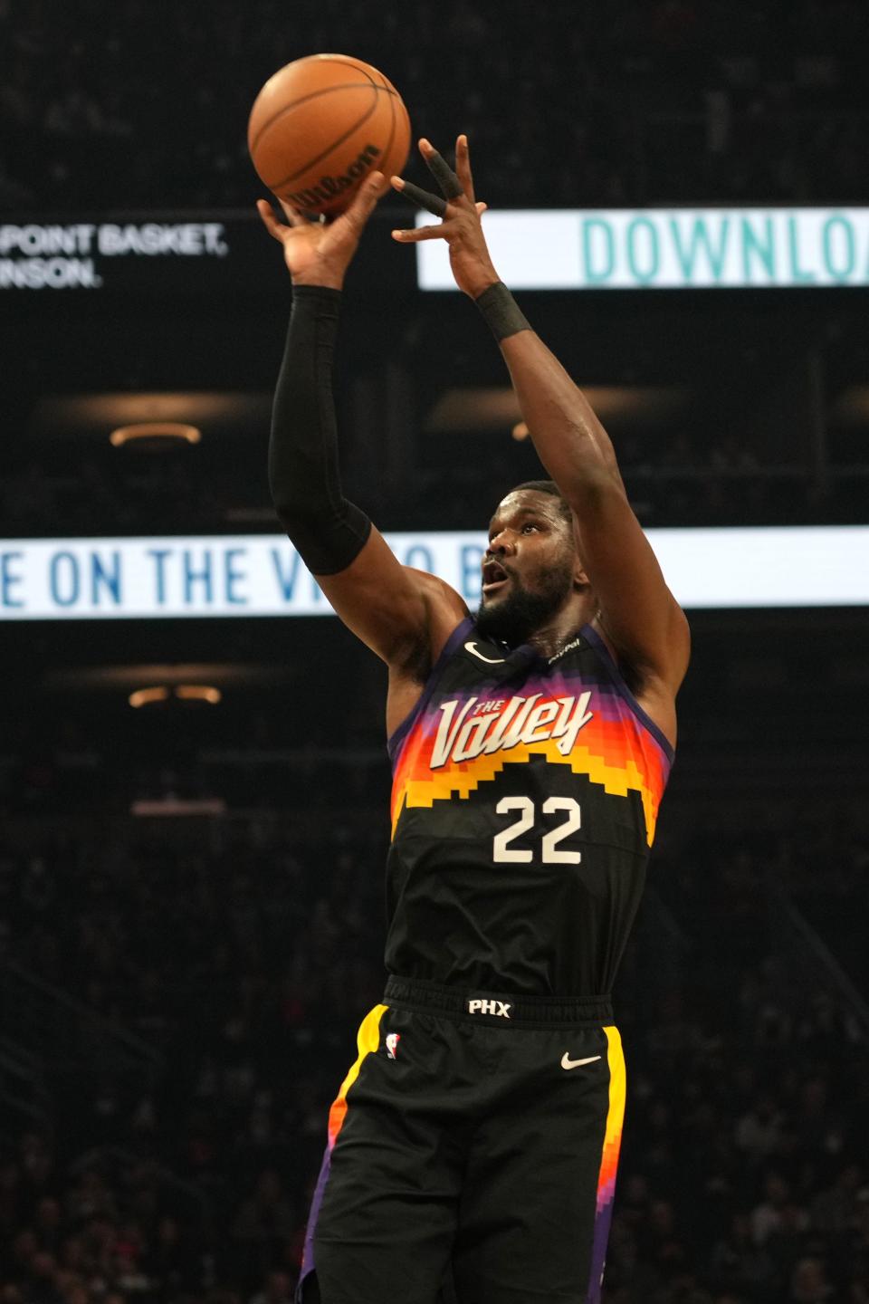 Jan 8, 2022; Phoenix, Arizona, USA; Phoenix Suns center Deandre Ayton (22) shoots against the Miami Heat during the first half at Footprint Center. Mandatory Credit: Joe Camporeale-USA TODAY Sports