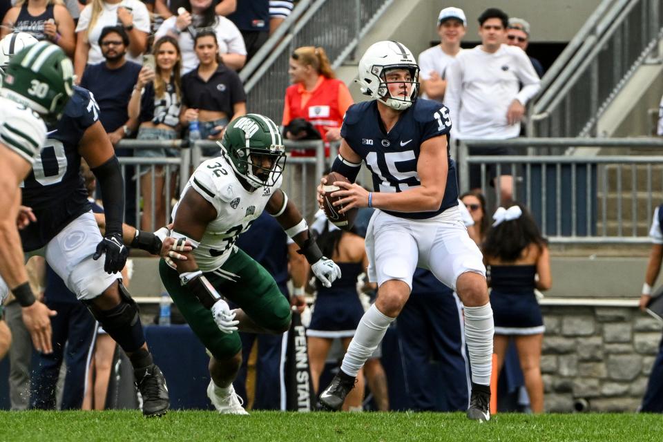 Ohio linebacker Bryce Houston chases Penn State quarterback Drew Allar in their game Sept. 10.