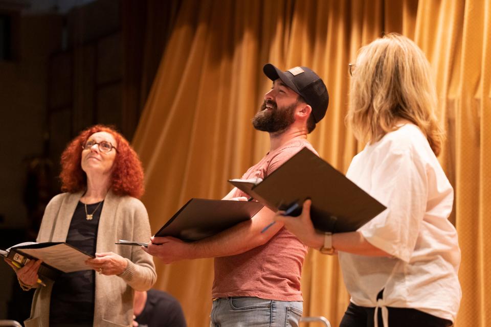 From left, Sandi Fogelson, John Arnold and Kris Schinske rehearse for Jewish Theatre of Oklahoma's production of "Oklahoma Samovar" by Alice Eve Cohen at Emanuel Synagogue, Monday, Nov. 7, 2022, in Oklahoma City.