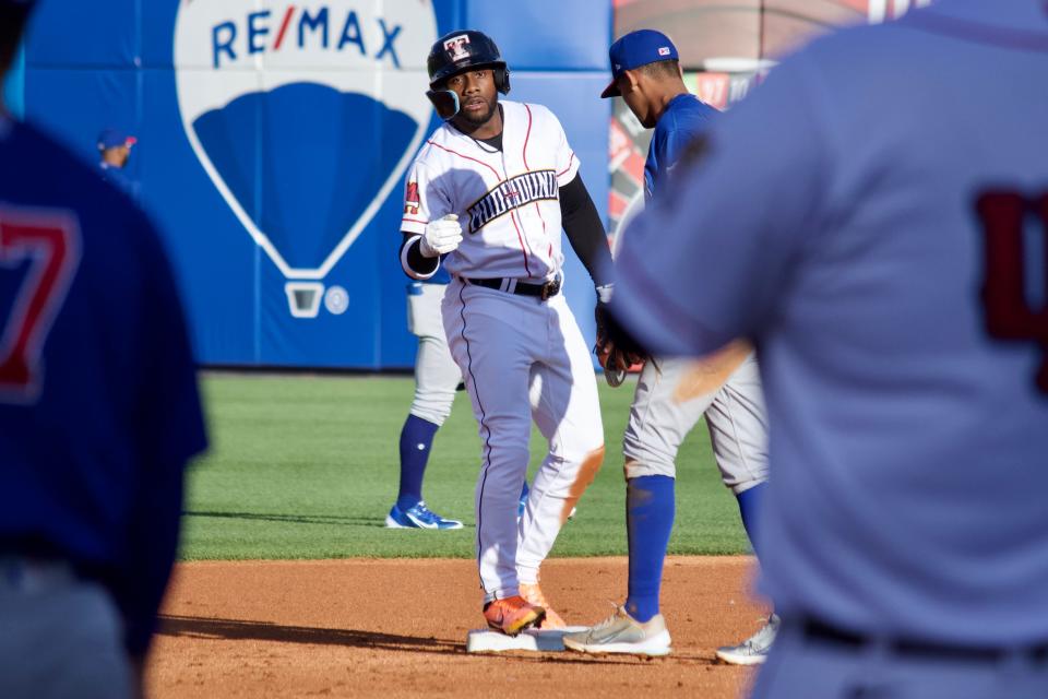 Toledo Mud Hens outfielder Akil Baddoo reacts after stealing second base Tuesday, June 7, 2022, at Fifth Third Field in Toledo, Ohio.