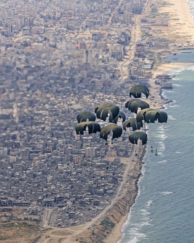 Humanitarian aid, being airdropped over Gaza from a RAF A400M aircraft