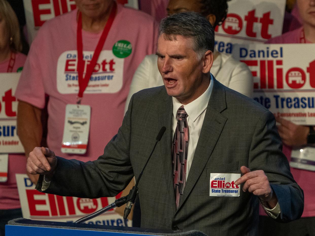 Daniel Elliott is running for Indiana State Treasurer, and speaks at the state GOP Convention, Indiana Farmer’s Coliseum, Indianapolis, Saturday, June 18, 2022. 