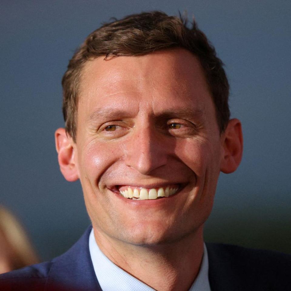 Blake Masters, Republican candidate from Arizona, running for election to the U.S. Senate in the 2022 U.S. midterm elections, reacts during a rally held by former U.S. President Donald Trump in Mesa, Arizona, U.S., October 9, 2022.