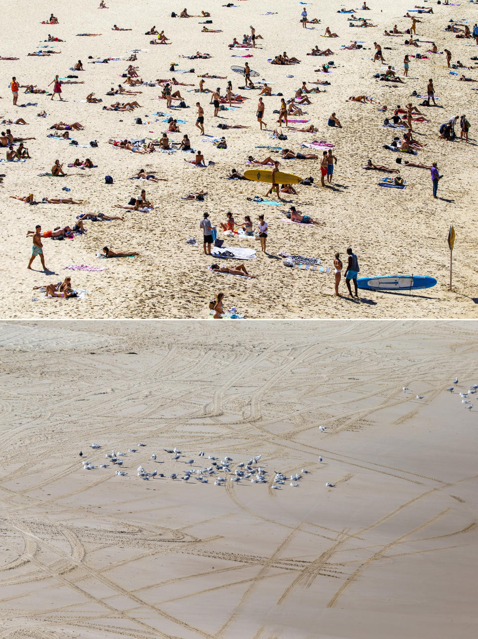 A before-and-after composite image shows Bondi Beach with a large gathering of beachgoers on March 20, 2020 (top) and again on March 22, 2020, after the beach was closed to the public.