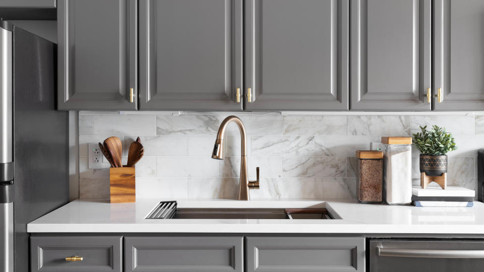 Grey cabinets in kitchen