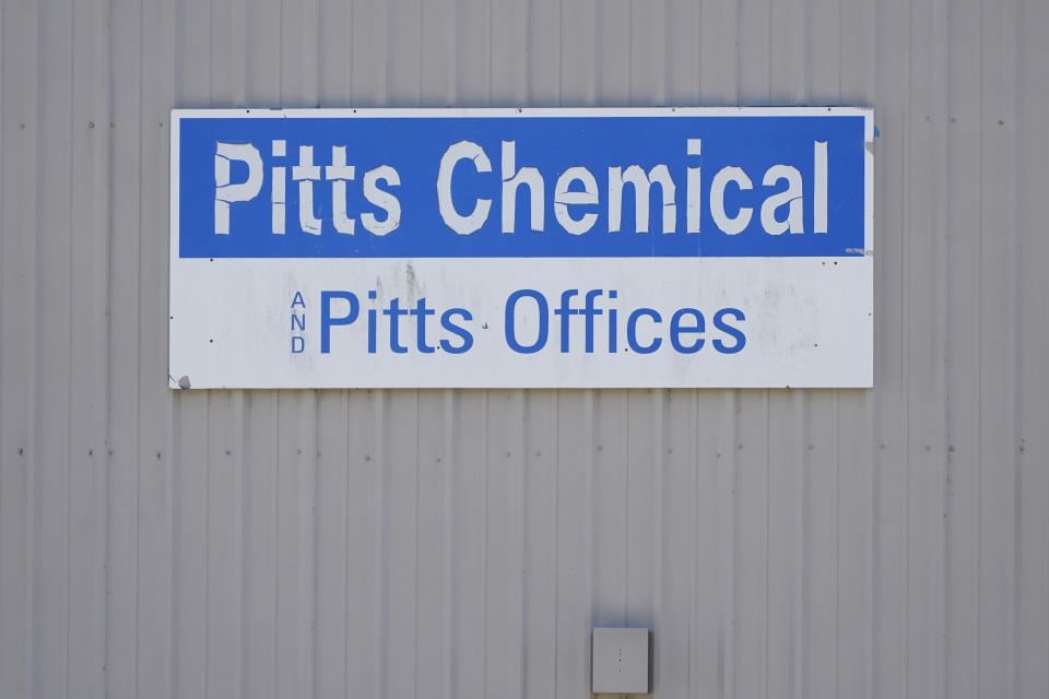 A sign outside the Indianola, Miss., offices of Pitts Chemical is photographed, Thursday, Sept. 9, 2021. Six Black farmworkers in Mississippi say in a new lawsuit that their former employer, Pitts Farm Partnership, has brought white laborers from South Africa to do the same jobs they were doing, and that the farm has been violating federal law by paying the white immigrants significantly more for the same type of work. (AP Photo/Rogelio V. Solis)