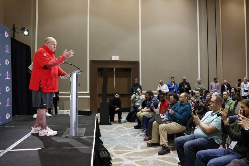 Kansas City Chiefs head coach Andy Reid speaks at a media availability Tuesday at Westin Lake Las Vegas Resort & Spa in Henderson, Nev. Photo by John Angelillo/UPI
