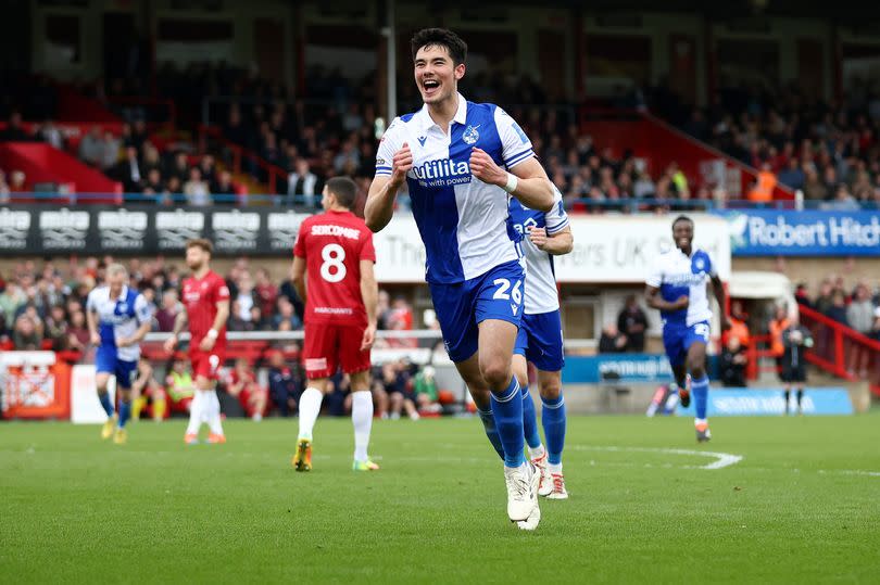 Elkan Baggott celebrates scoring for Bristol Rovers against Cheltenham Town -Credit:Will Cooper/EFL